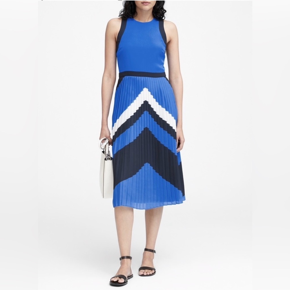 Banana Republic Blue Chevron Pleated Midi Dress with Black & White Accents